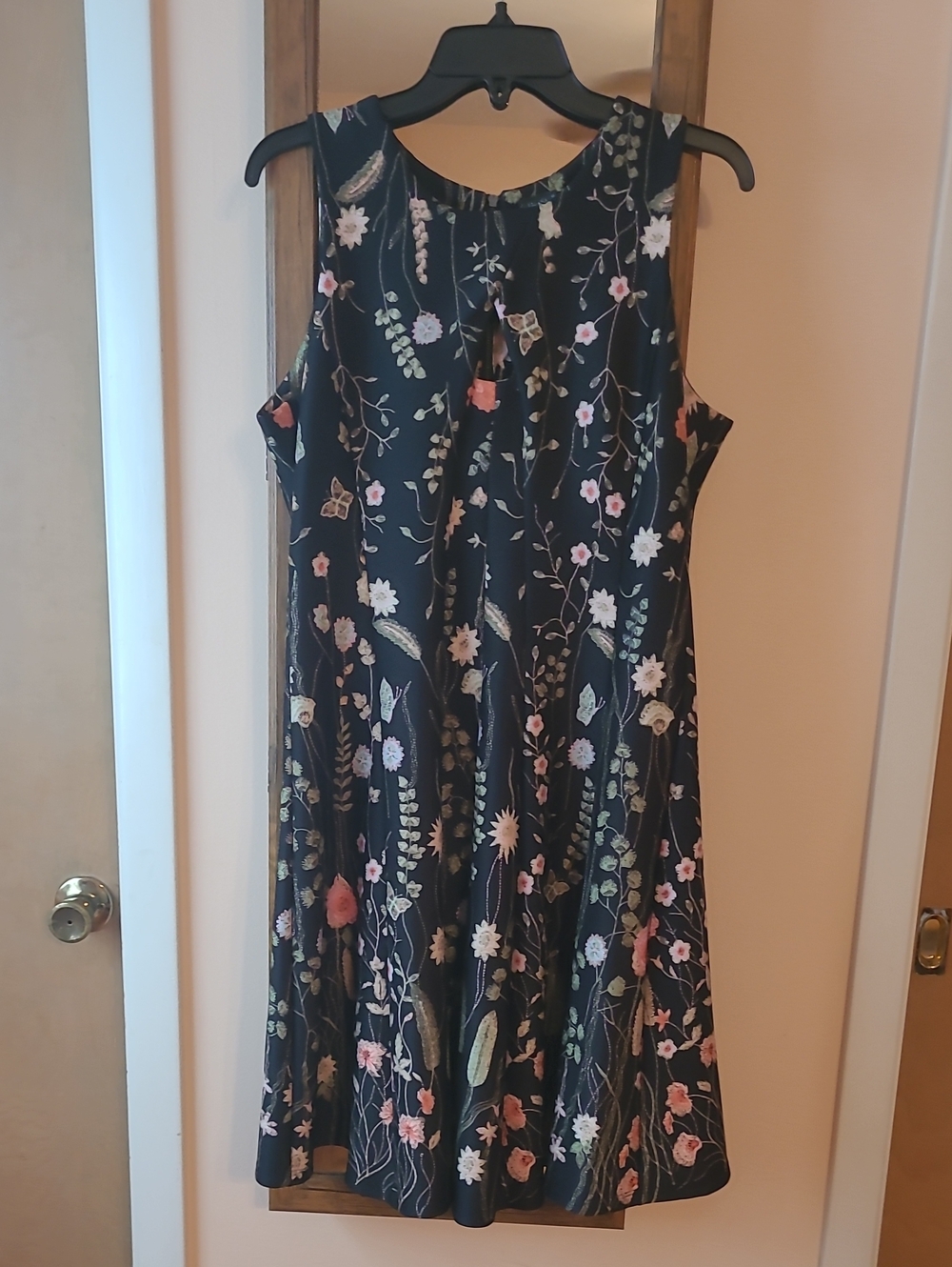 Floral A-Line Sleeveless Dress in Black with Pink & Green Accents